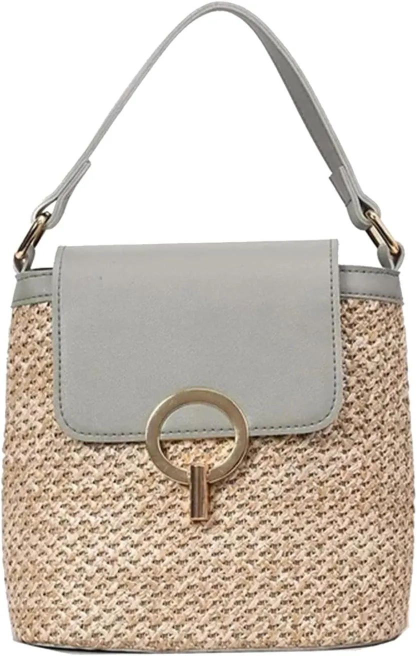 Straw Weave Women Ladies Bucket Handbags Summer Beach Shoulder Bags Lap Purse (C, One Size)