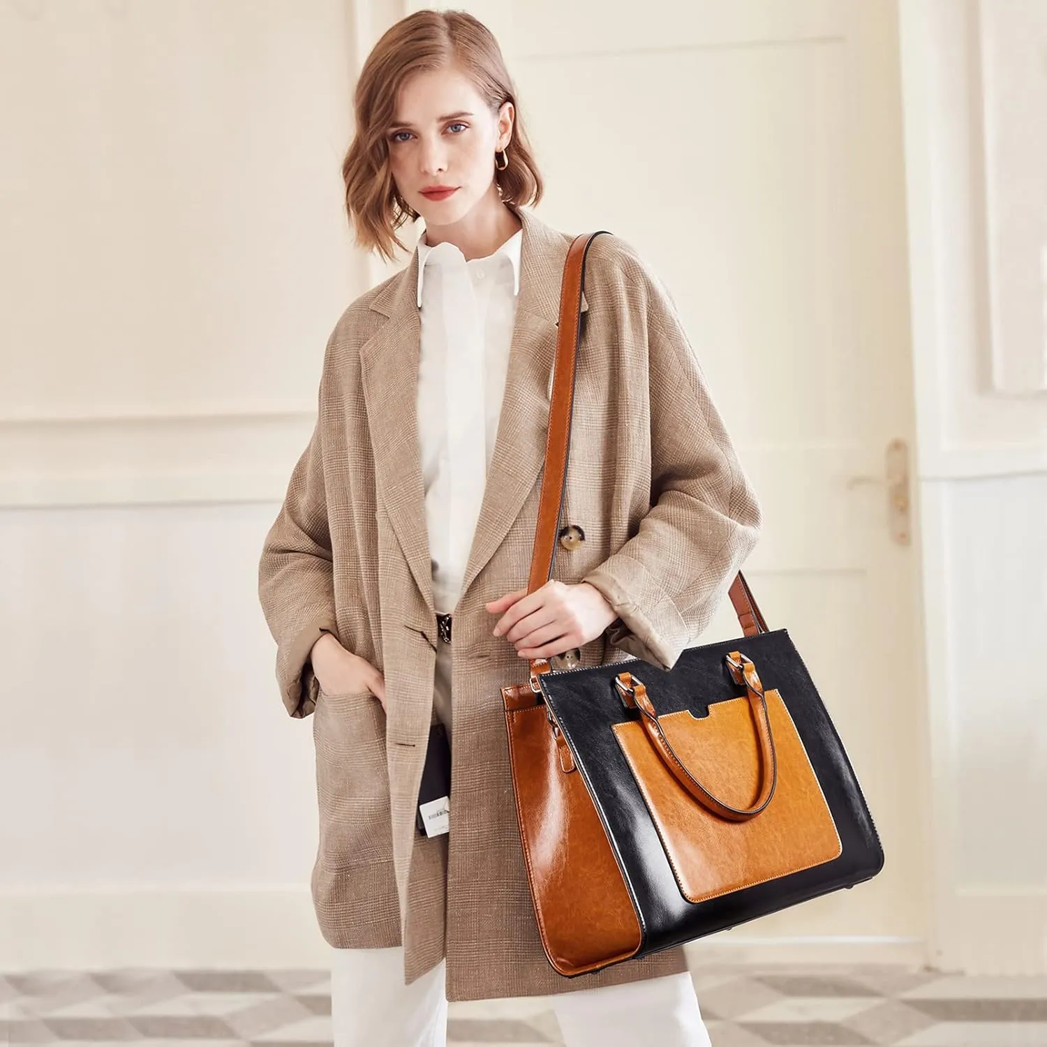 Telena Laptop Tote Bag for Women, 15.6 Inch Shoulder Tote Bag Leather Briefcase for Women, Large Capacity Handbag Bags