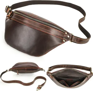 Top Grain Genuine Leather Slim Fanny Pack for Man & Woman, Minimalist Vintage Design, Handmade with Detachable Hardware, Slim Waist Pack Large Crossbody Belt Bag for Traveling or Riding, Coffee