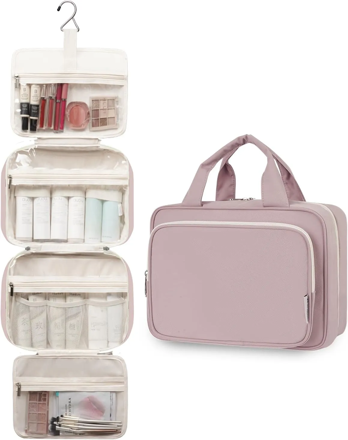 Travel Toiletry Bag for Women Large Hanging Makeup Bag Organizer Toiletries Bag for Full Size Essentials Accessories Cosmetics (Dusty Rose (Large))