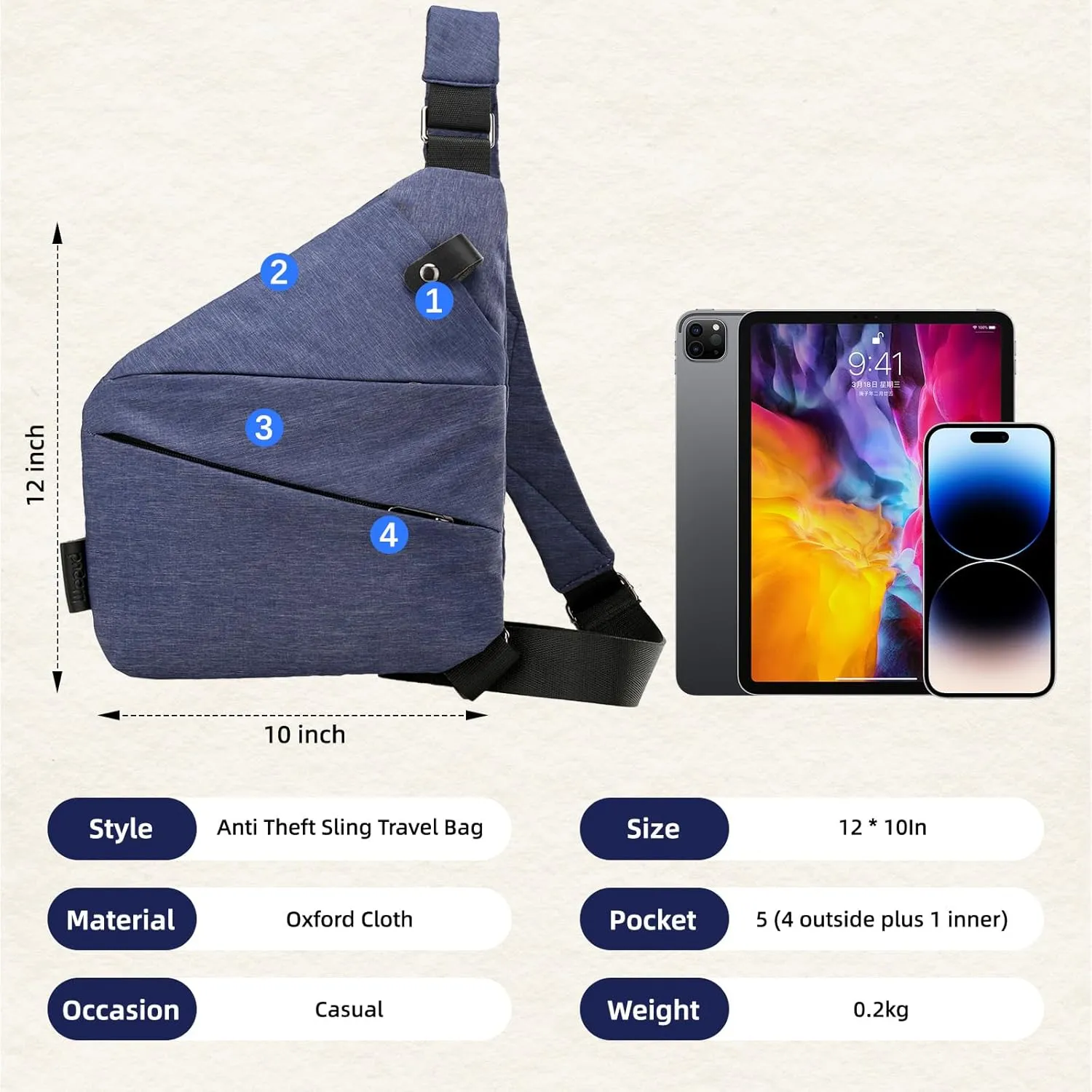 Vipost Anti Theft Crossbody Bags for Women/Men, Multi-Pocket Sling Bag Travel Crossbody Bag for Women with Adjustable Strap
