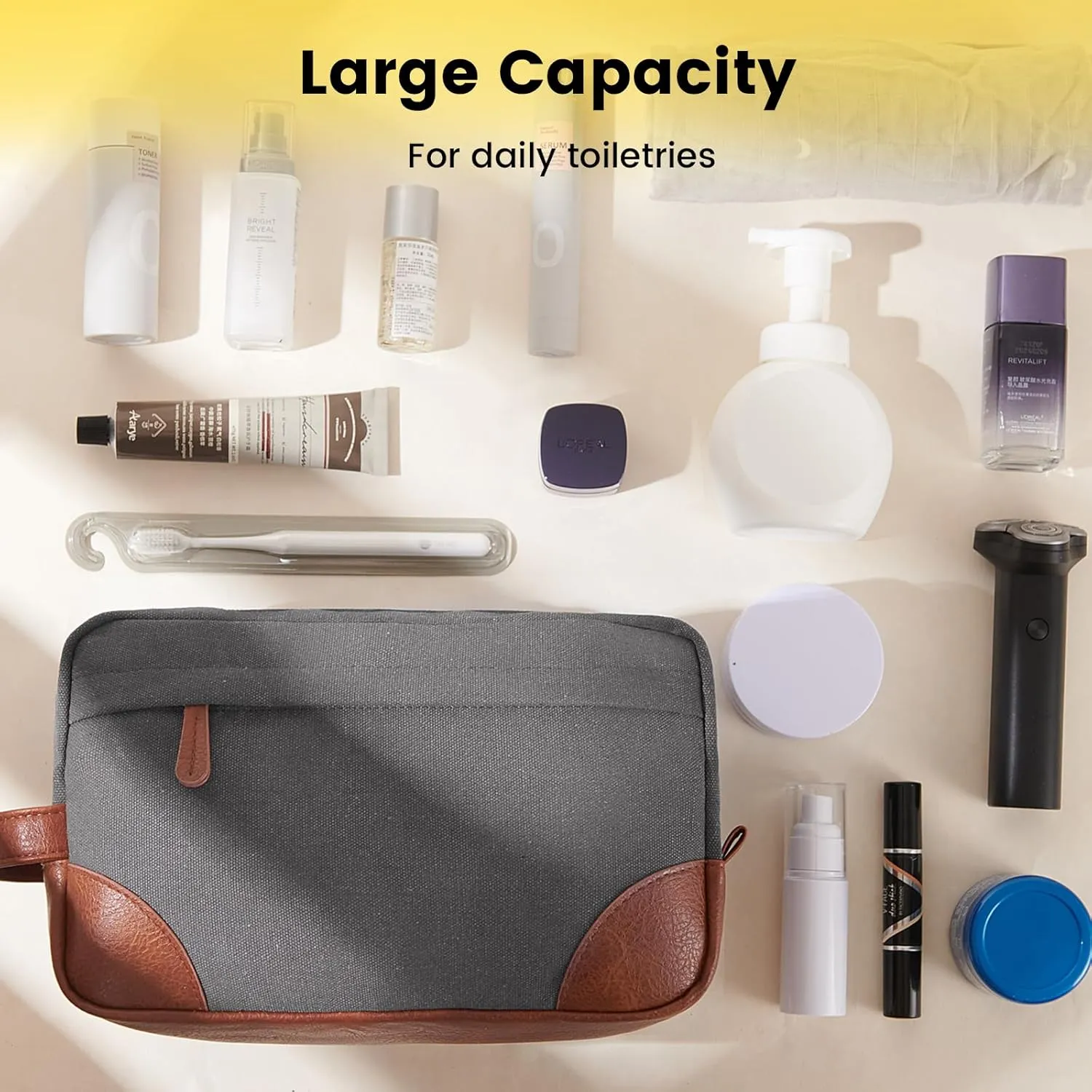 Vorspack Large Toiletry Bag Hanging Dopp Kit for Men Water Resistant Canvas Shaving Bag with Large Capacity for Home Travel - Light Grey