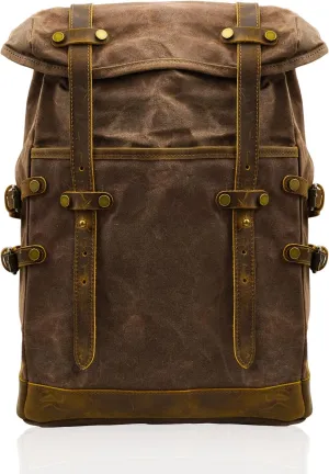 Waxed Canvas Leather Hiking Travel Waterproof Backpack For College Weekend Travel Fit 15in laptops (Coffee)