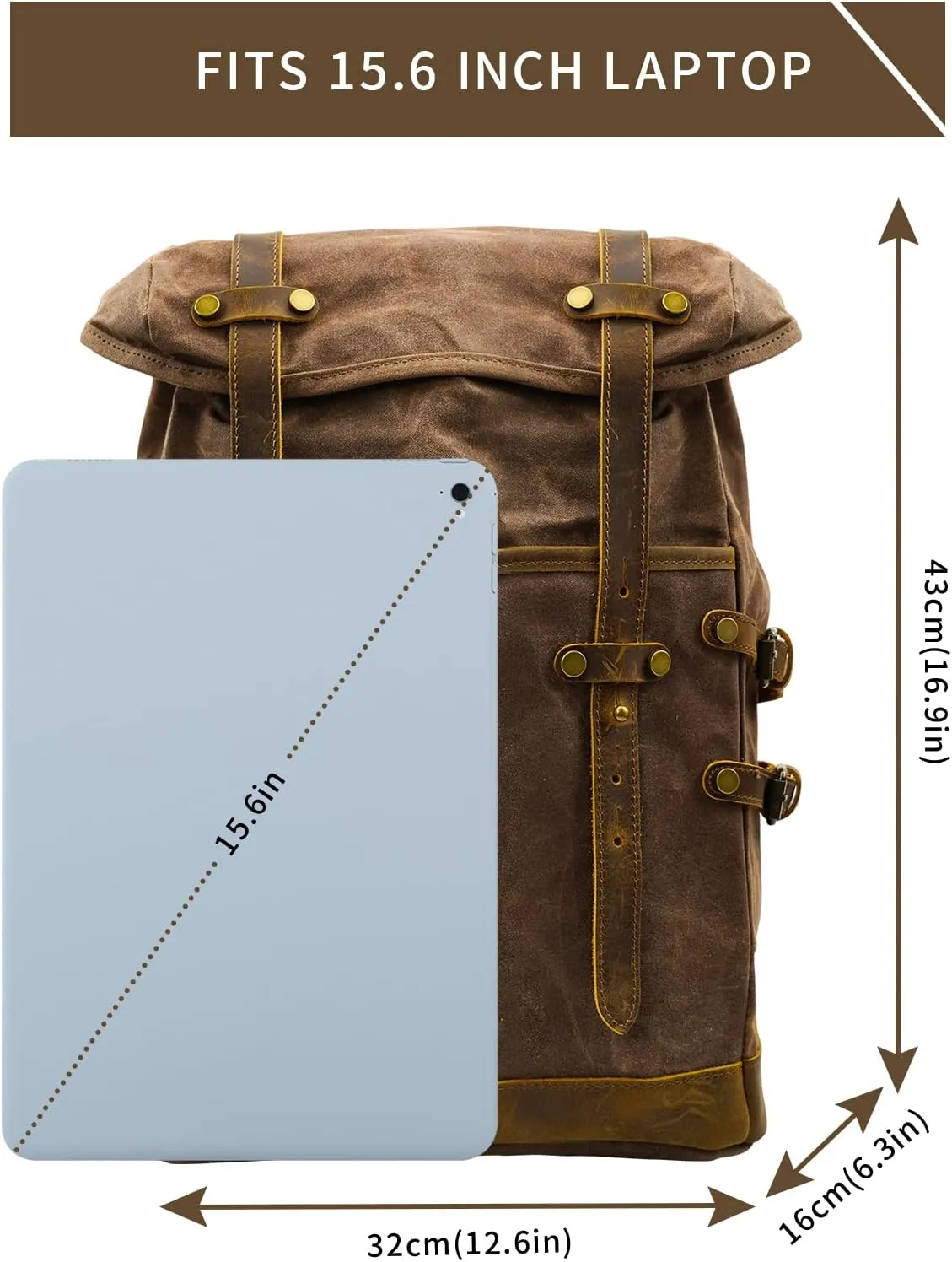 Waxed Canvas Leather Hiking Travel Waterproof Backpack For College Weekend Travel Fit 15in laptops (Coffee)