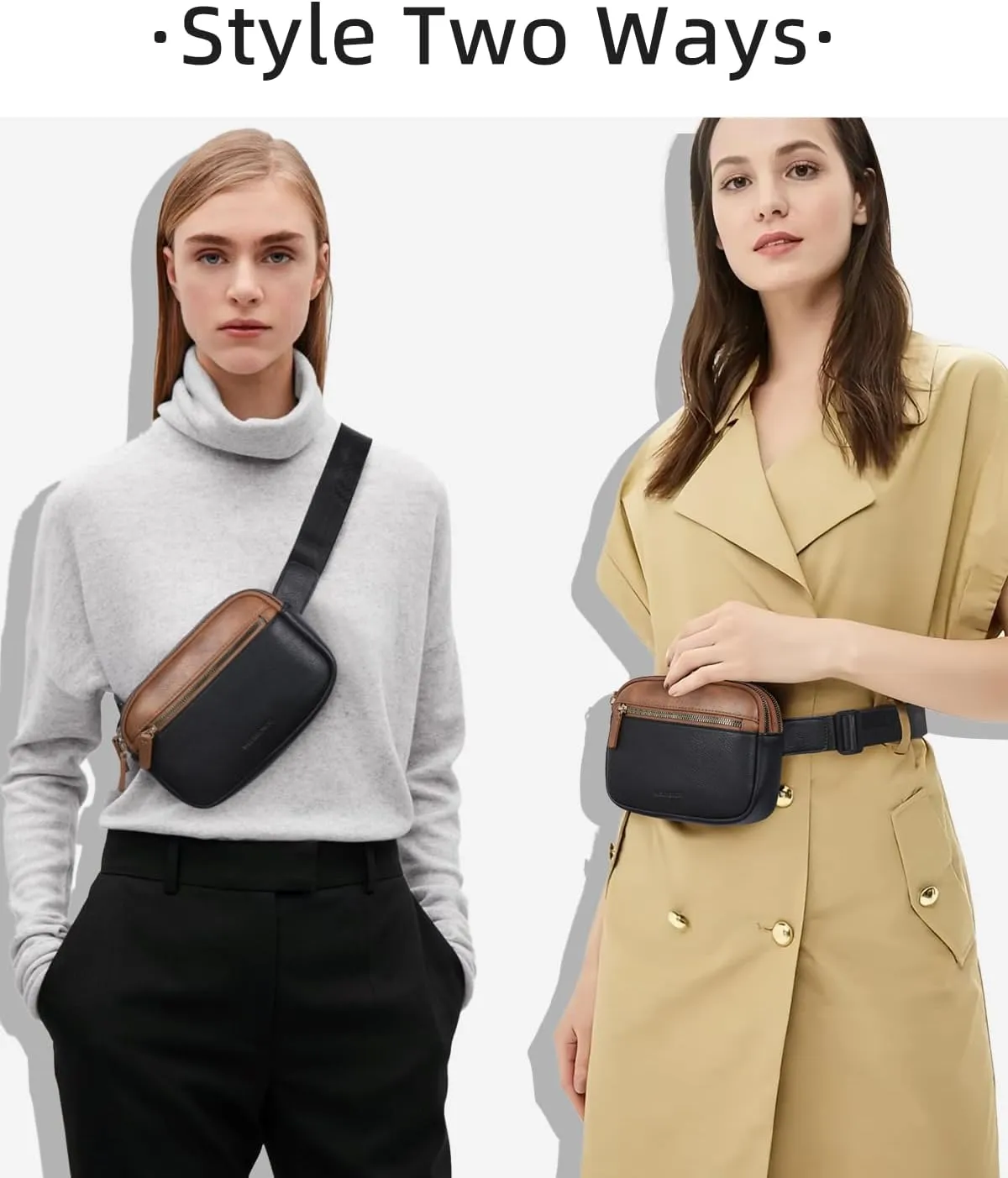 WESTBRONCO Fanny Packs for Women, Fashion Waist Packs with Adjustable Strap, PU Leather Belt Bag with Multi-Pockets, Small Crossbody Purse, Brown & Black