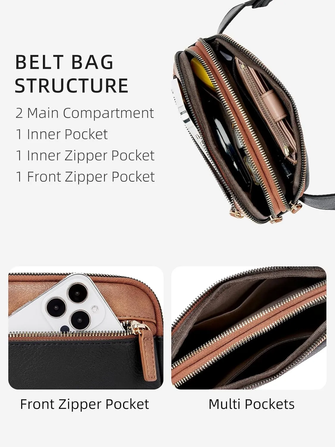 WESTBRONCO Fanny Packs for Women, Fashion Waist Packs with Adjustable Strap, PU Leather Belt Bag with Multi-Pockets, Small Crossbody Purse, Brown & Black