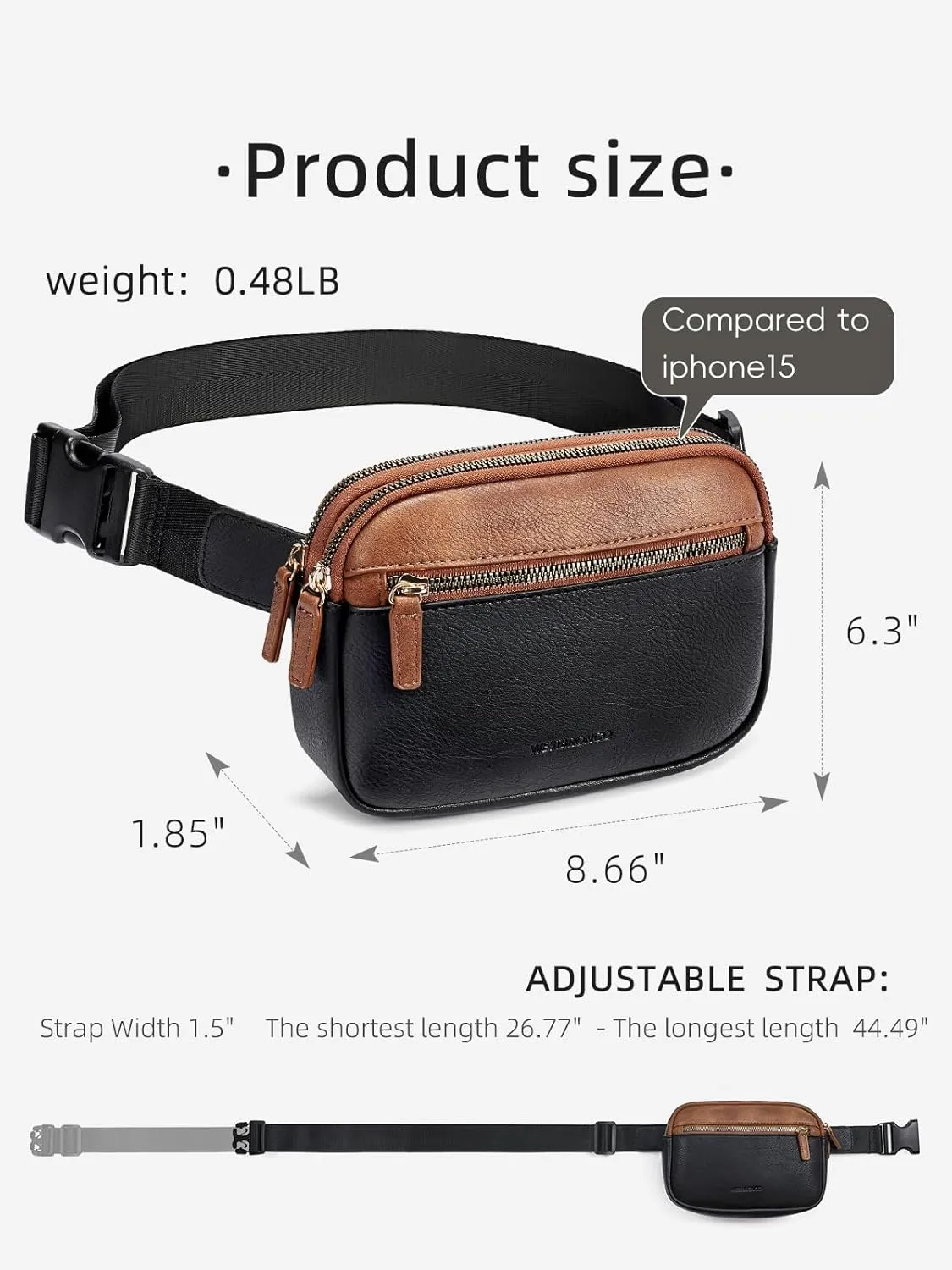 WESTBRONCO Fanny Packs for Women, Fashion Waist Packs with Adjustable Strap, PU Leather Belt Bag with Multi-Pockets, Small Crossbody Purse, Brown & Black
