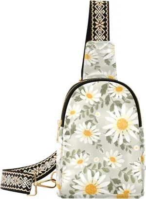 White Daisy Flowers Wreath Ivy Style Sling Bag for Women, Leather Crossbody Bag Purses for Women Anti Theft Sling Bag Fanny Packs