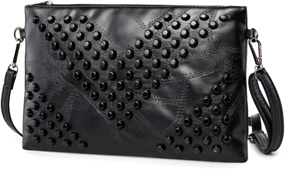 Women Clutch Bag Gothic Punk PU Leather Studded Crossbody Bag Rivet Wristlet Handbag Envelope Clutches For Women Ladies