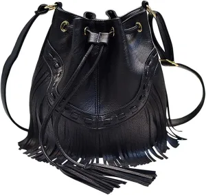 Women Small Fringed Faux Leather Crossbody Bag Drawstring Shoulder Bag Boho Bucket Bag