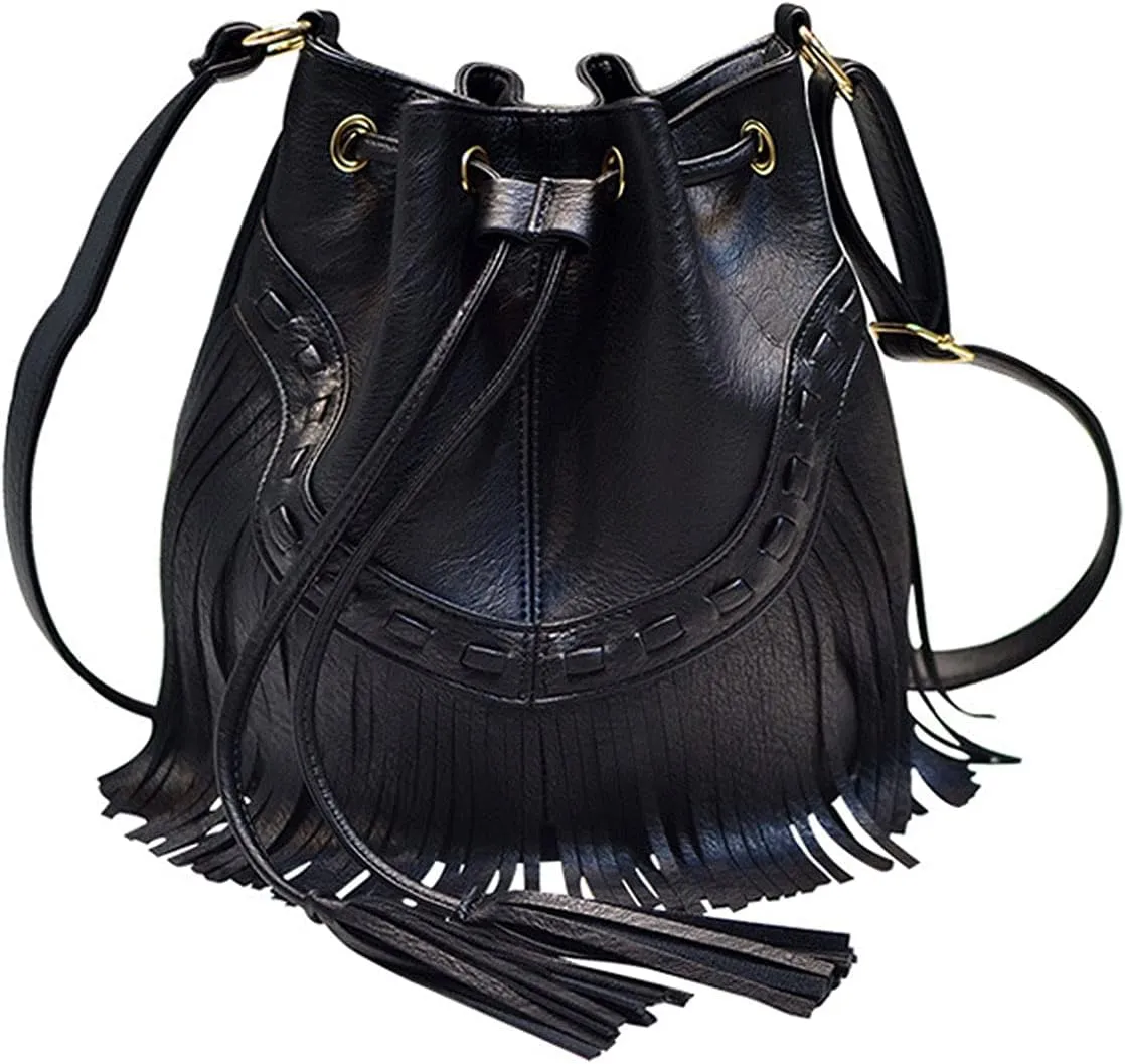 Women Small Fringed Faux Leather Crossbody Bag Drawstring Shoulder Bag Boho Bucket Bag
