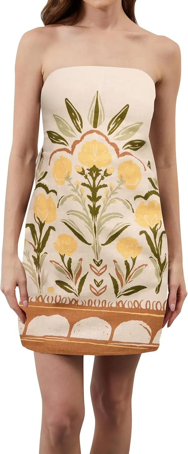 Women Strapless Tube Mini Dress Summer Casual Boho Floral Print Sleeveless Backless Going Out Beach Short Dress
