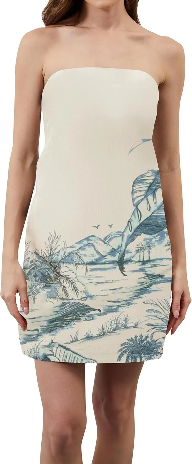 Women Strapless Tube Mini Dress Summer Casual Boho Floral Print Sleeveless Backless Going Out Beach Short Dress