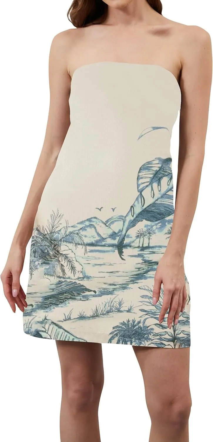 Women Strapless Tube Mini Dress Summer Casual Boho Floral Print Sleeveless Backless Going Out Beach Short Dress