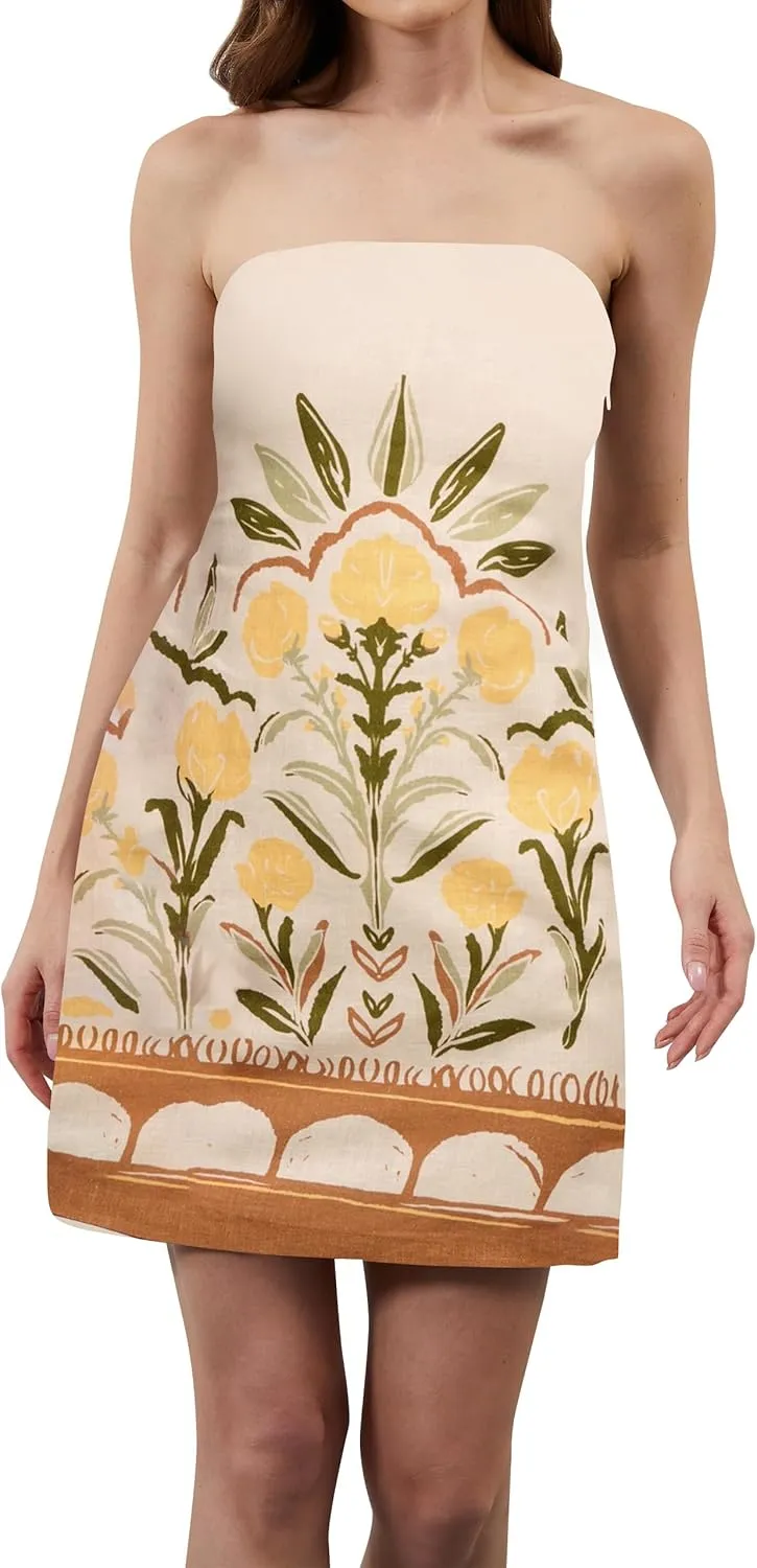 Women Strapless Tube Mini Dress Summer Casual Boho Floral Print Sleeveless Backless Going Out Beach Short Dress
