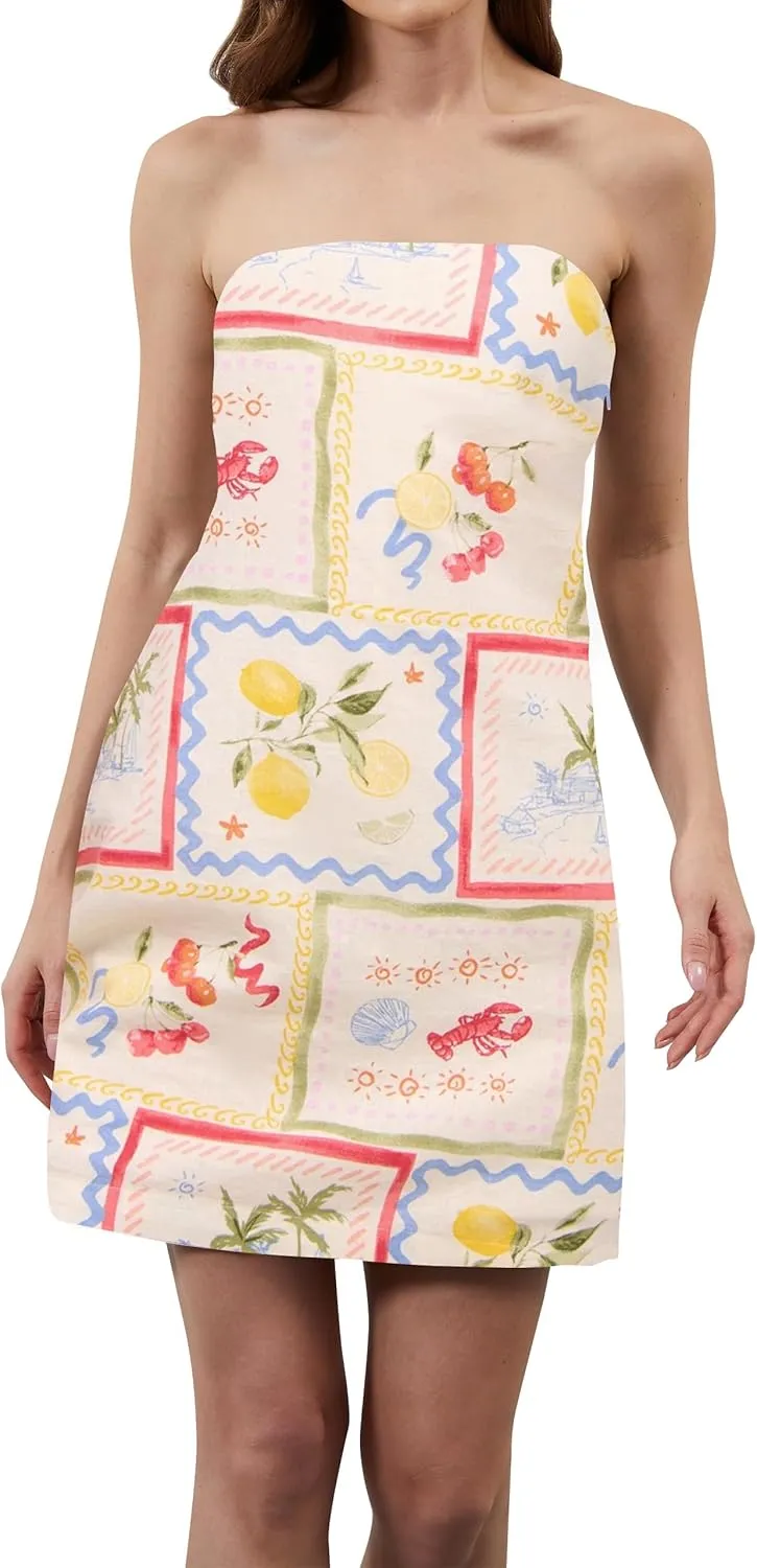 Women Strapless Tube Mini Dress Summer Casual Boho Floral Print Sleeveless Backless Going Out Beach Short Dress