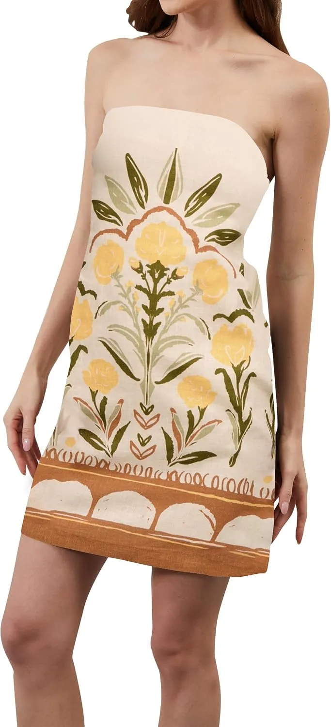 Women Strapless Tube Mini Dress Summer Casual Boho Floral Print Sleeveless Backless Going Out Beach Short Dress