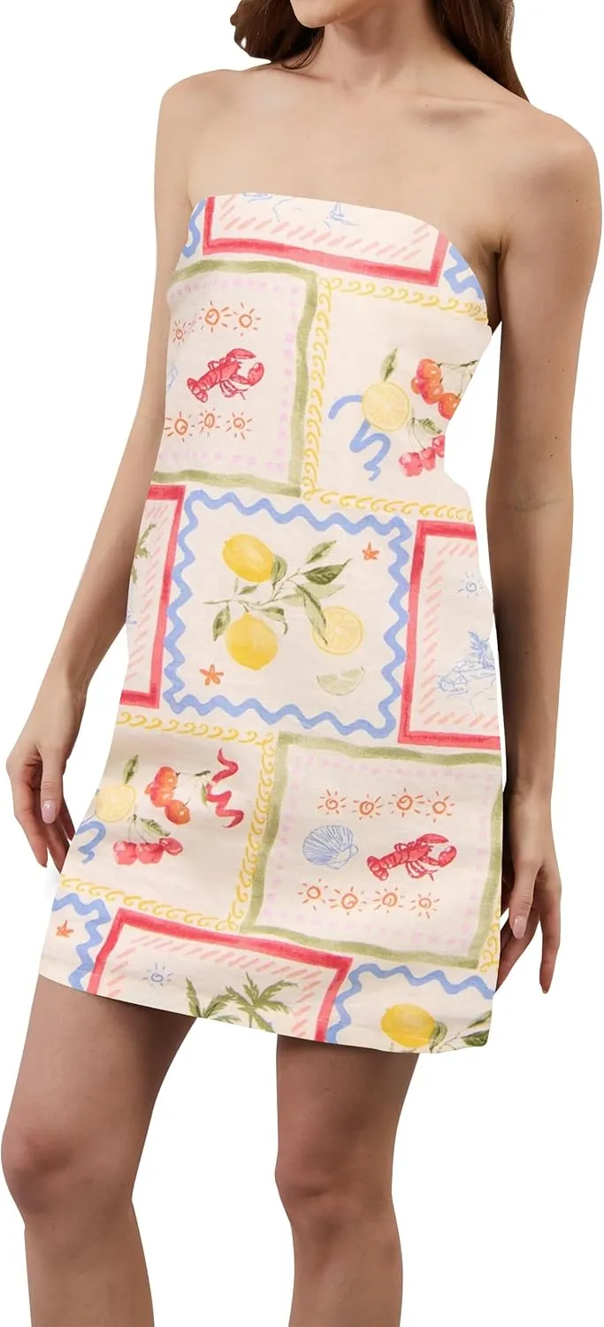Women Strapless Tube Mini Dress Summer Casual Boho Floral Print Sleeveless Backless Going Out Beach Short Dress