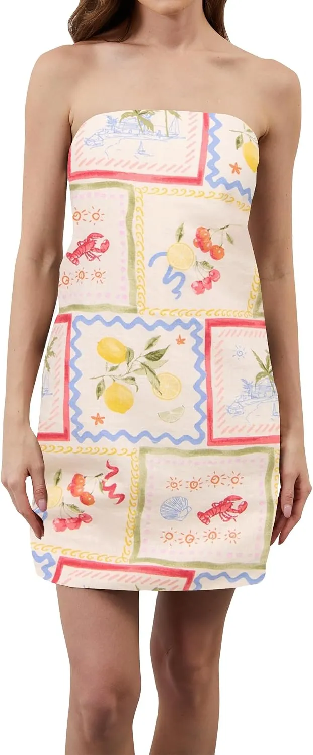 Women Strapless Tube Mini Dress Summer Casual Boho Floral Print Sleeveless Backless Going Out Beach Short Dress