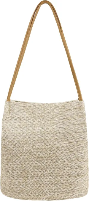 Women Straw Shoulder Bag Bucket Bag Beach Hobo Handbag Top Handle Satchel Purse for Summer