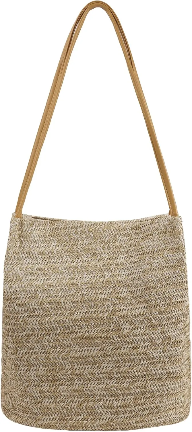 Women Straw Shoulder Bag Bucket Bag Beach Hobo Handbag Top Handle Satchel Purse for Summer