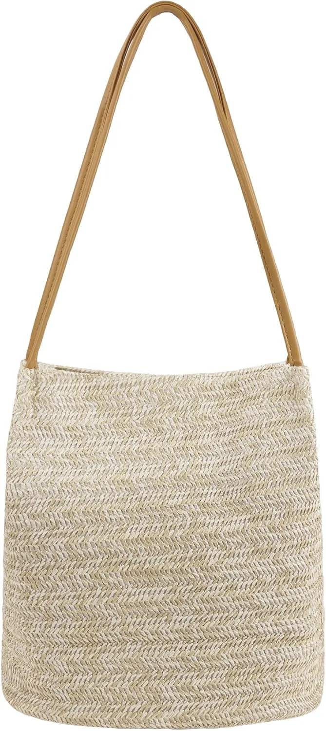 Women Straw Shoulder Bag Bucket Bag Beach Hobo Handbag Top Handle Satchel Purse for Summer