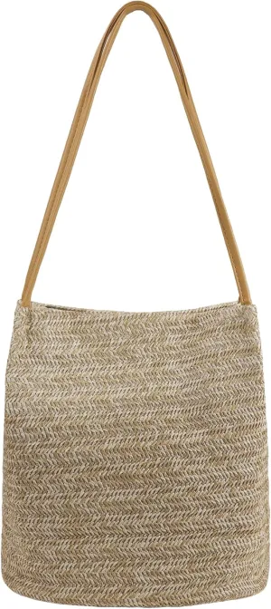 Women Straw Shoulder Bag Bucket Bag Beach Hobo Handbag Top Handle Satchel Purse for Summer