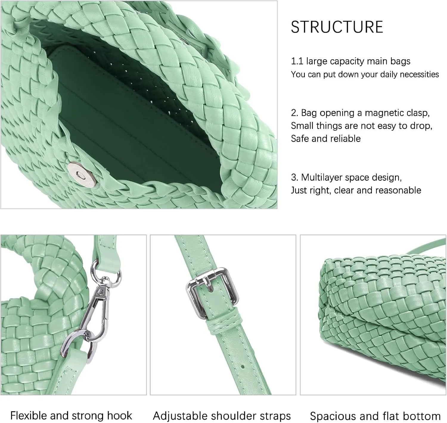 Women Woven Tote Small Crossbody Bag, Weave Quilted Purse Square Shoulder Bag Woven Handbag with Detachable Strap