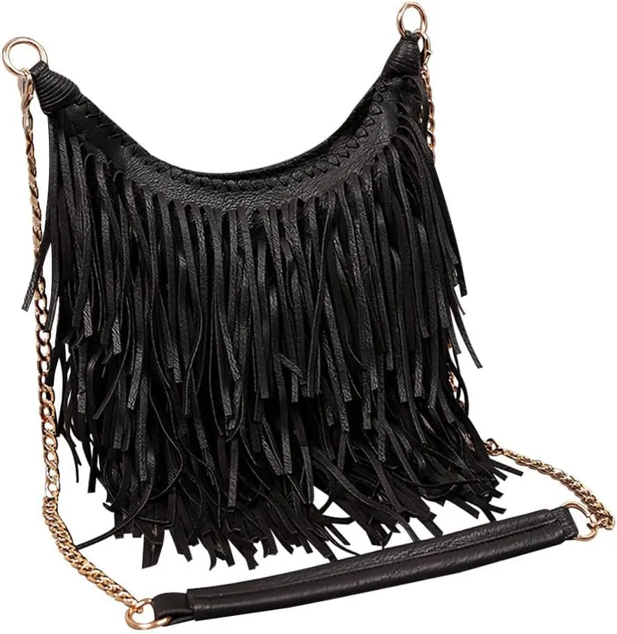 Women's Fringed Faux Suede Leather Cross Body Bag Chain Shoulder Bag Tassel Handbag