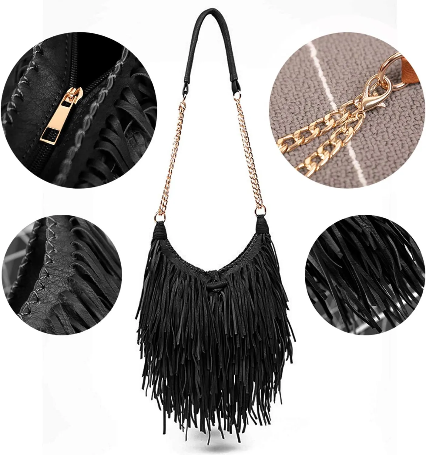 Women's Fringed Faux Suede Leather Cross Body Bag Chain Shoulder Bag Tassel Handbag