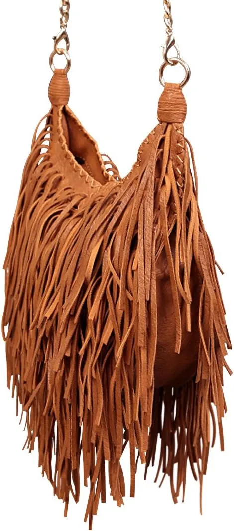 Women's Fringed Faux Suede Leather Cross Body Bag Chain Shoulder Bag Tassel Handbag