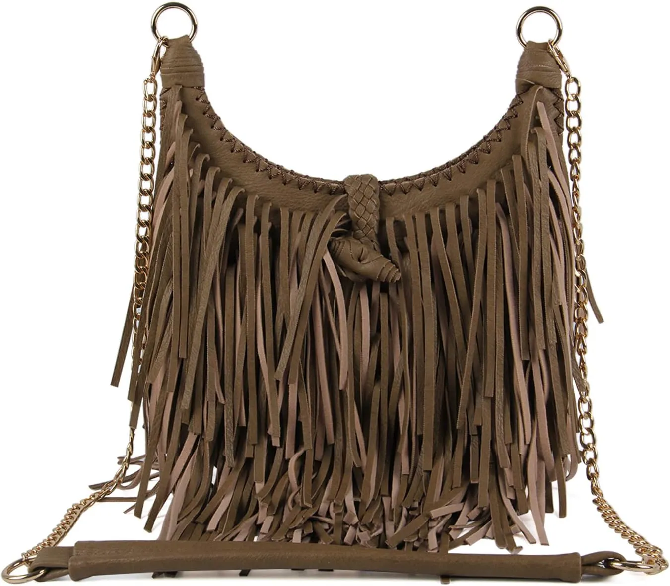 Women's Fringed Faux Suede Leather Cross Body Bag Chain Shoulder Bag Tassel Handbag