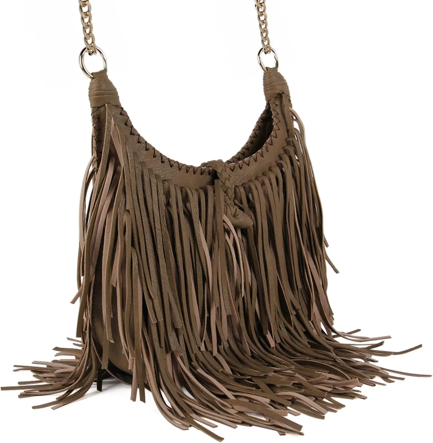 Women's Fringed Faux Suede Leather Cross Body Bag Chain Shoulder Bag Tassel Handbag