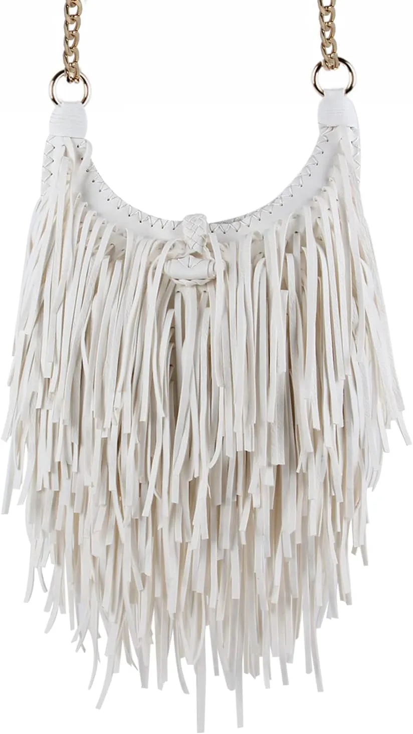 Women's Fringed Faux Suede Leather Cross Body Bag Chain Shoulder Bag Tassel Handbag