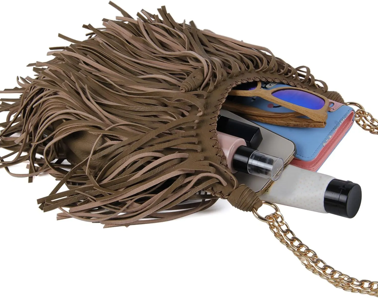 Women's Fringed Faux Suede Leather Cross Body Bag Chain Shoulder Bag Tassel Handbag