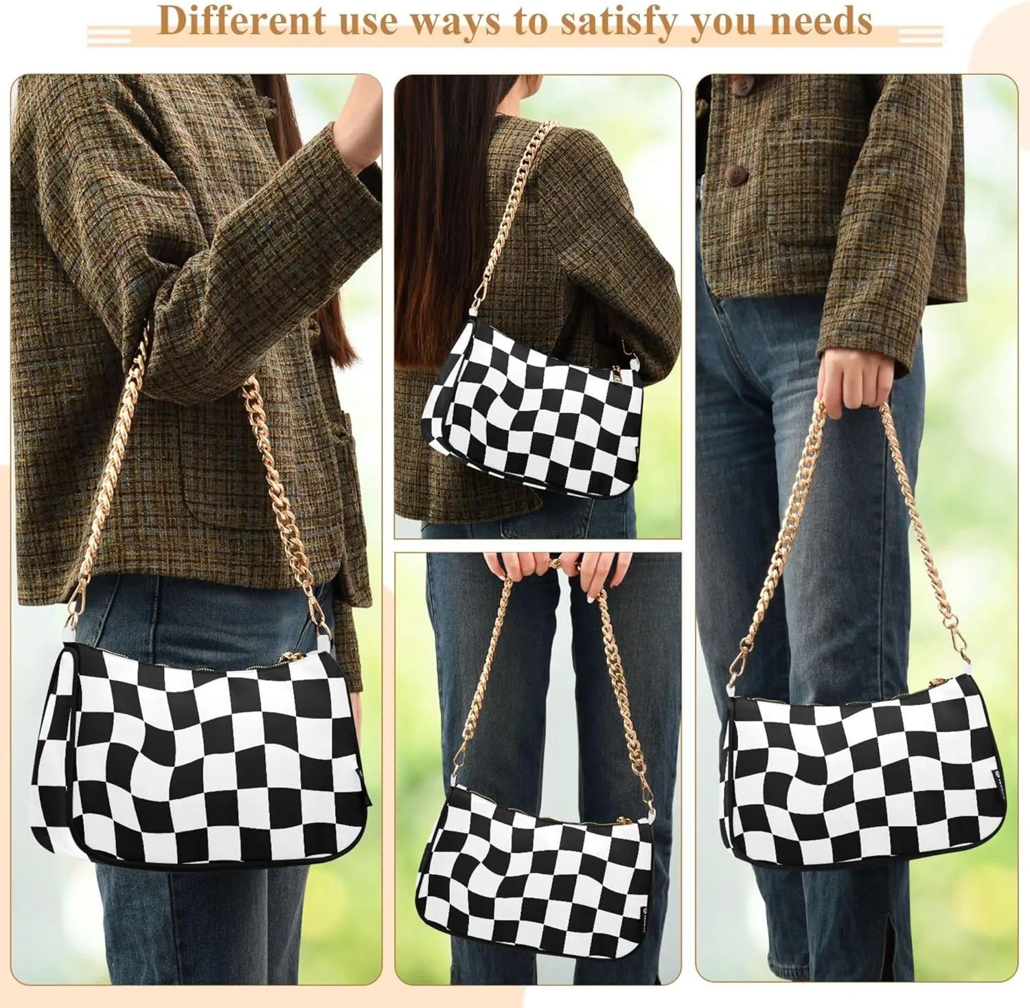 Women's Handbags Tote Crossbody Bag Stylish Purse Ladies Shoulder Bag Handbag Monochrome Checkerboard Crescent Bag