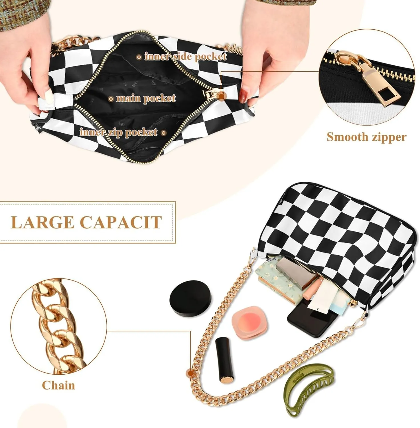 Women's Handbags Tote Crossbody Bag Stylish Purse Ladies Shoulder Bag Handbag Monochrome Checkerboard Crescent Bag