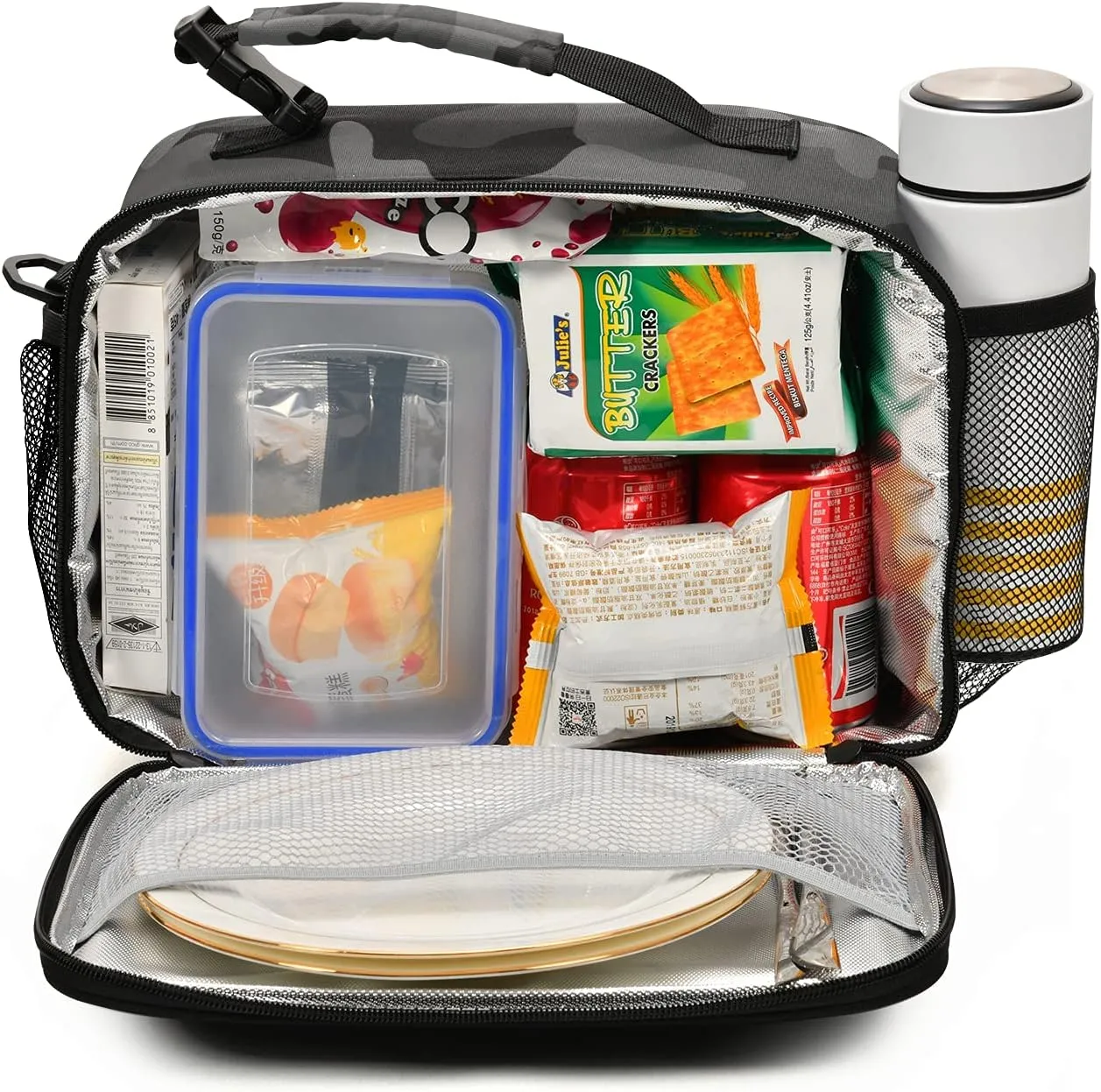 xigua Student Lunch Bag, Dark Black Monochrome Camo Detachable Shoulder Strap Insulated Lunch Box Men Women Cooler Bag Tote Bag for School Office Picnic Trip