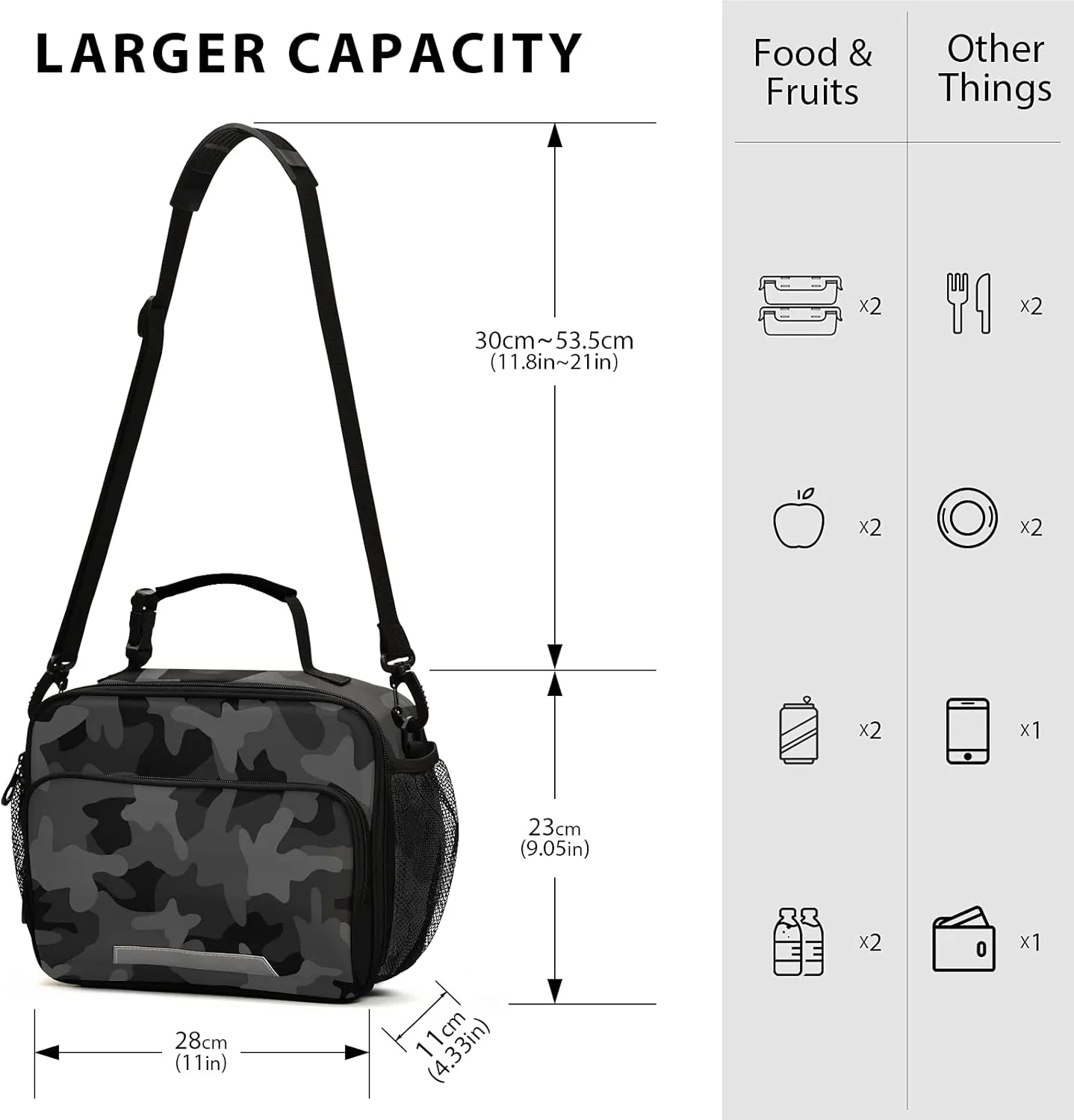 xigua Student Lunch Bag, Dark Black Monochrome Camo Detachable Shoulder Strap Insulated Lunch Box Men Women Cooler Bag Tote Bag for School Office Picnic Trip